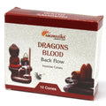 Boîte de cônes d’encens backflow Aromatika senteur sang de dragon avec packaging et illustration du brûleur