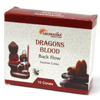 Boîte de cônes d’encens backflow Aromatika senteur sang de dragon avec packaging et illustration du brûleur