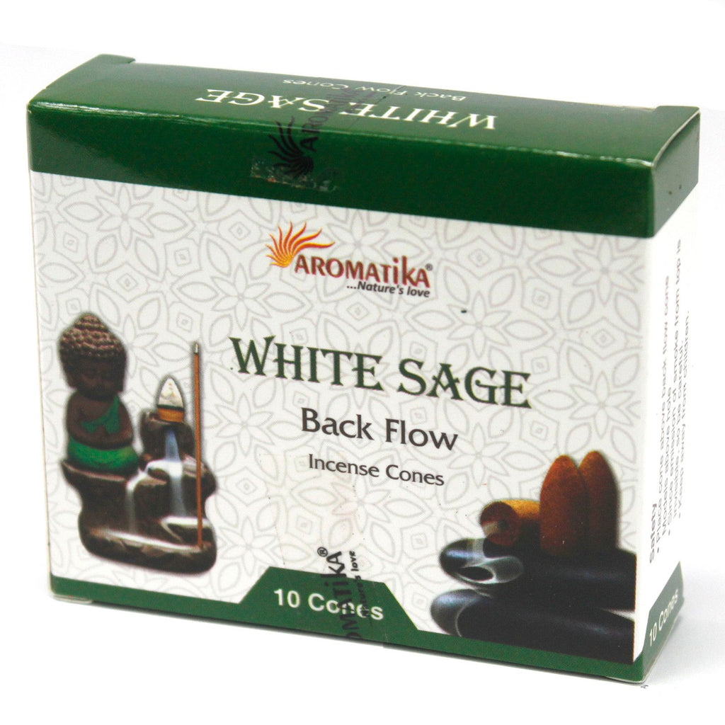 Boîte de cônes d’encens backflow Aromatika senteur sauge blanche avec packaging et illustration du brûleur