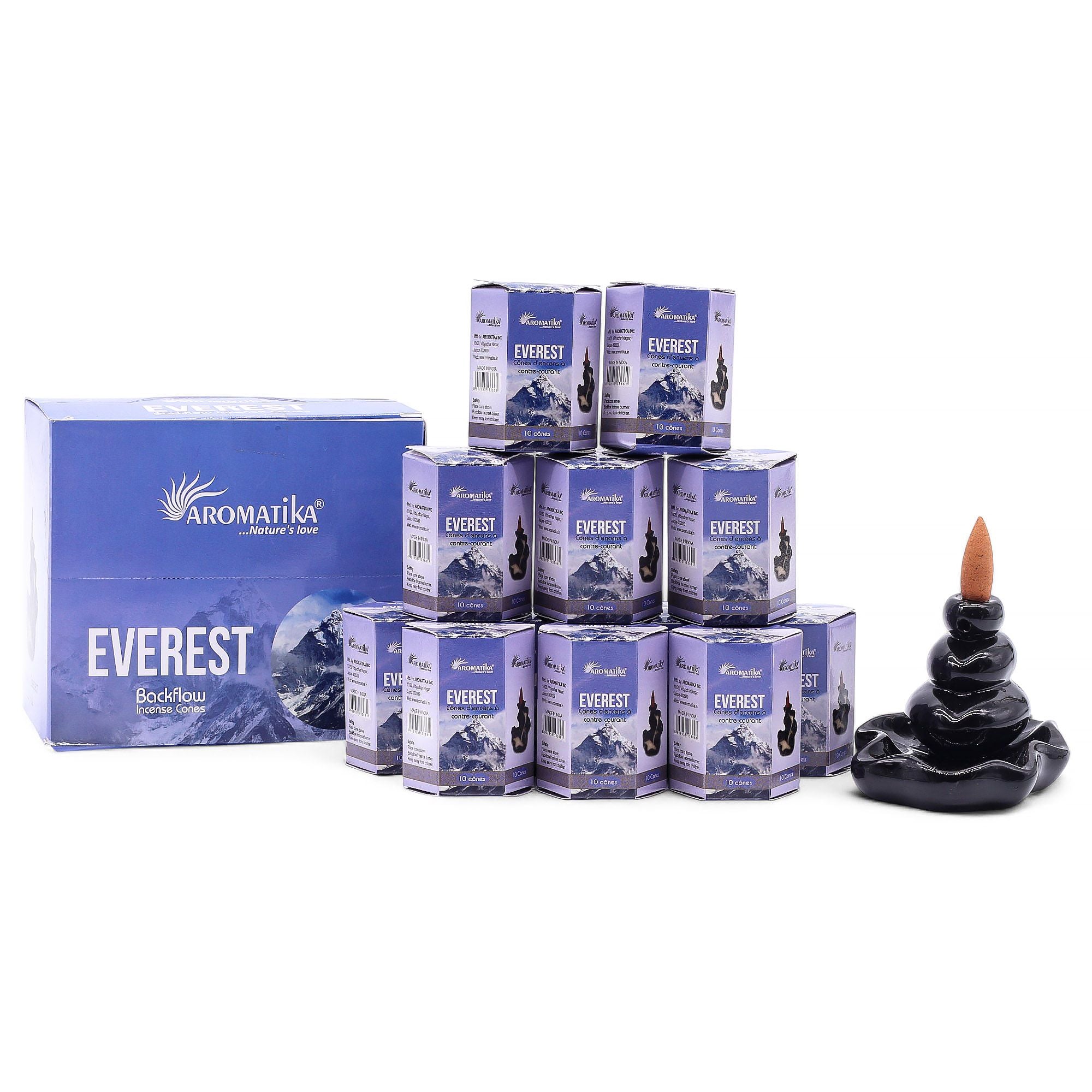 cônes d’encens backflow aromatika parfum everest avec brûleur cascade créant un effet fumée descendante