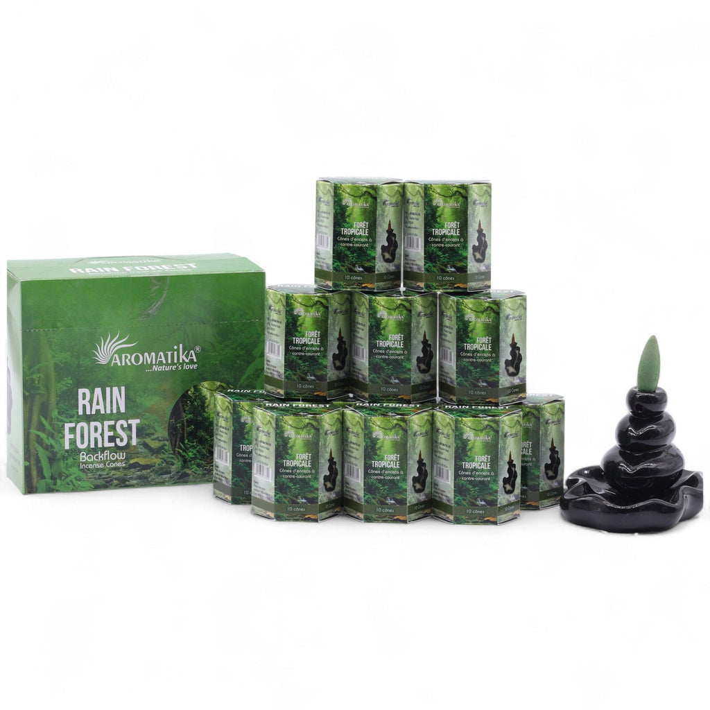 cônes d’encens backflow aromatika parfum forêt tropicale avec brûleur cascade créant un effet fumée descendante