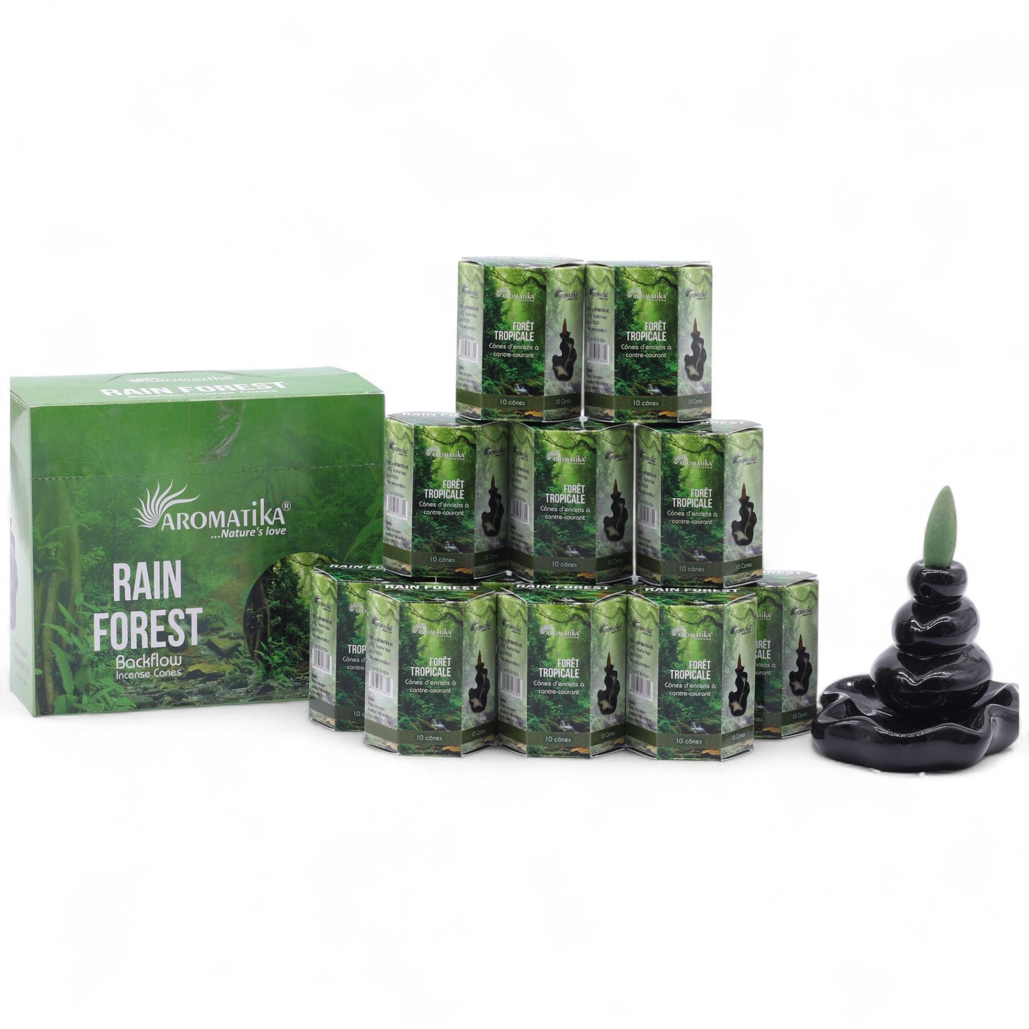 cônes d’encens backflow aromatika parfum forêt tropicale avec brûleur cascade créant un effet fumée descendante