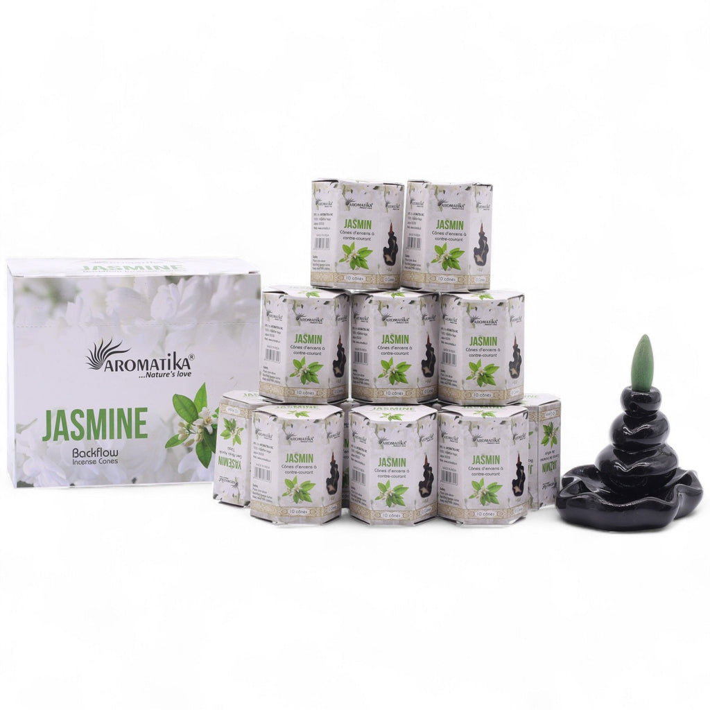 cônes d’encens backflow aromatika parfum jasmin avec brûleur cascade créant un effet fumée descendante