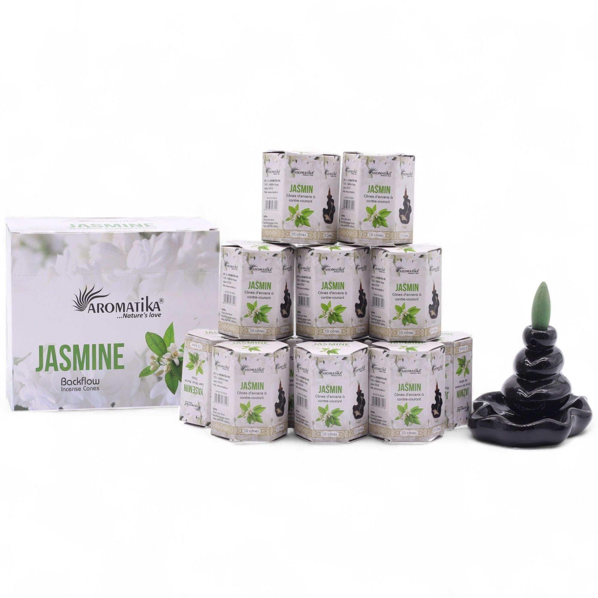 cônes d’encens backflow aromatika parfum jasmin avec brûleur cascade créant un effet fumée descendante