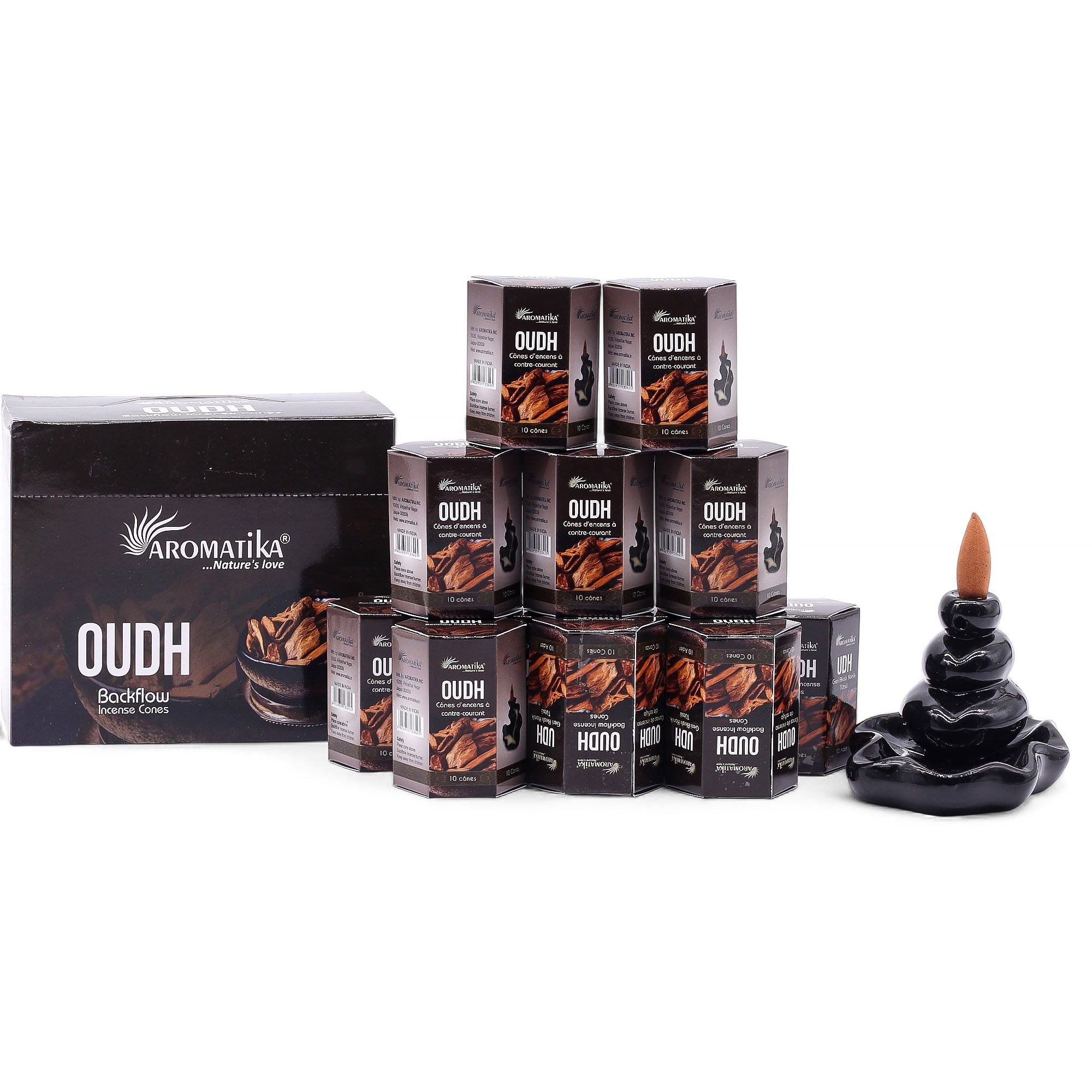 cônes d’encens backflow parfum oudh aromatika avec brûleur cascade créant un effet fumée descendante