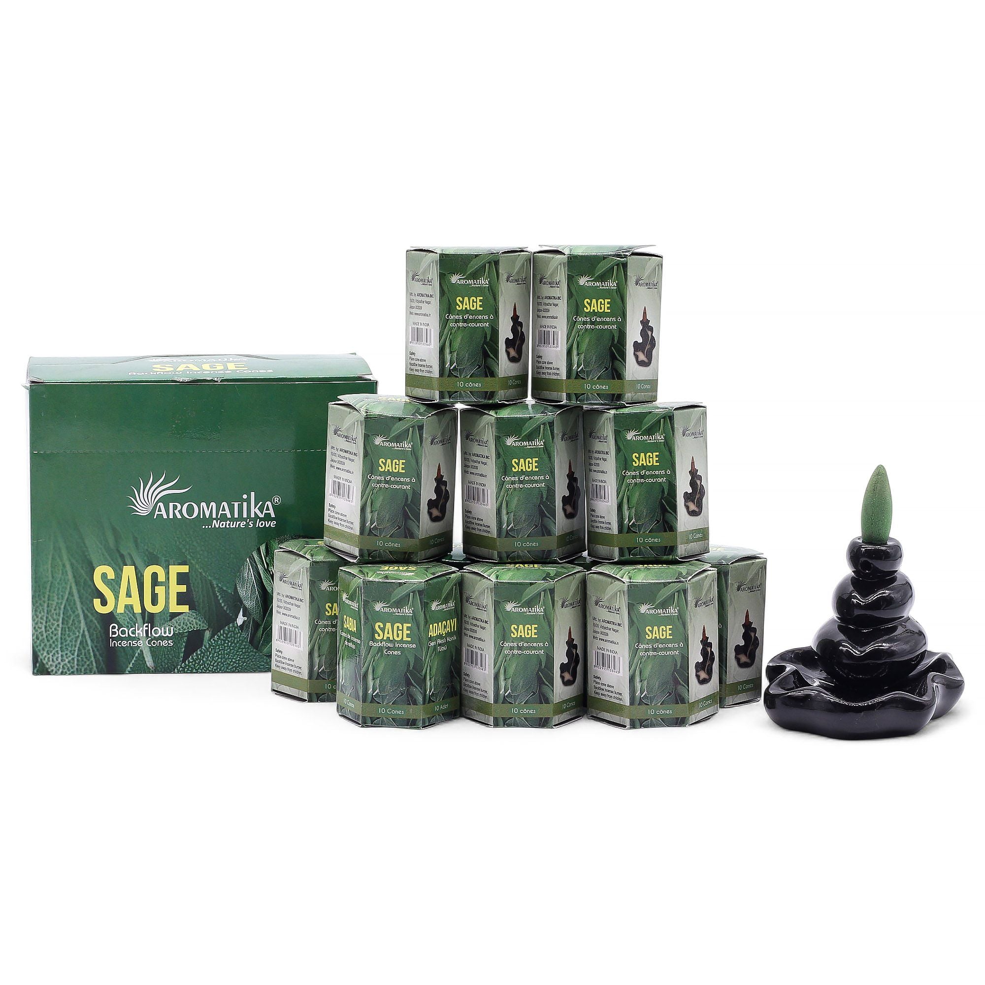cônes d’encens backflow aromatika parfum sauge avec brûleur cascade créant un effet fumée descendante