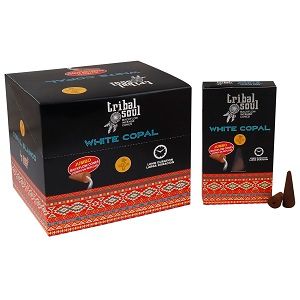 Boite d encens backflow Tribal Soul copal blanc avec cones d encens naturels presents a cote du packaging noir et motifs ethniques