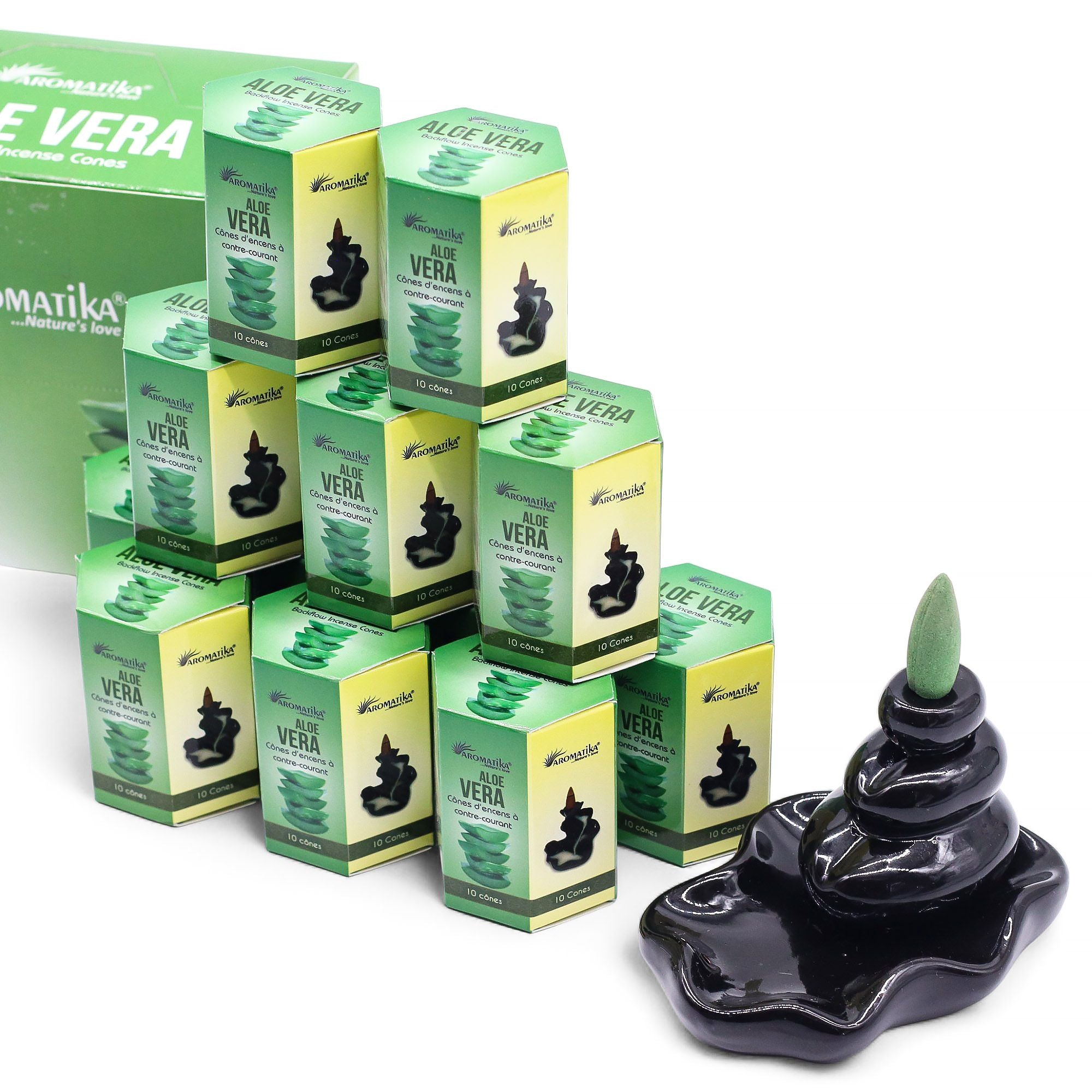 plusieurs boîtes d’encens backflow masala aromatika parfum aloe vera empilées pack de 10 cônes d’encens