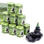 plusieurs boîtes d’encens backflow masala aromatika parfum eucalyptus empilées pack de 10 cônes d’encens