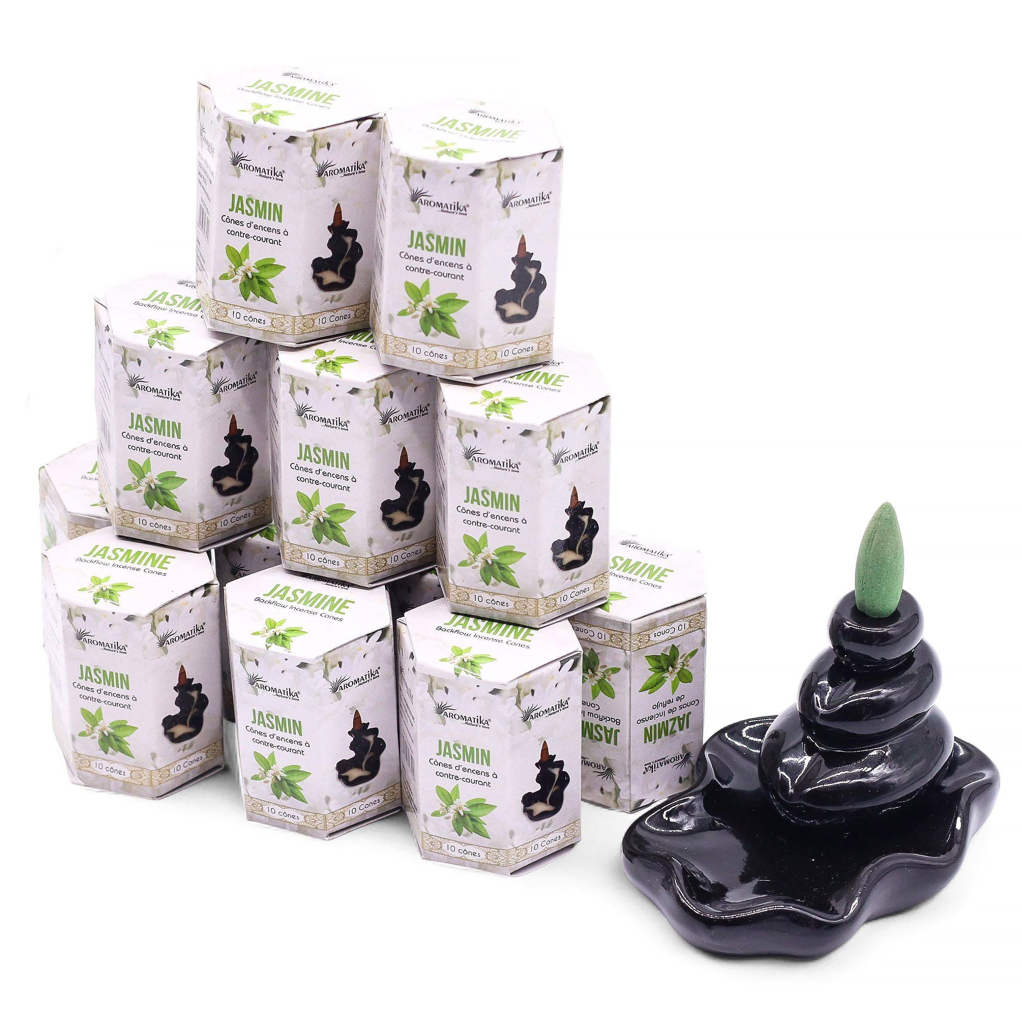 plusieurs boîtes d’encens backflow masala aromatika parfum jasmin empilées pack de 10 cônes d’encens