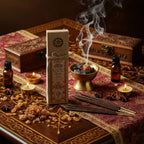 Encens résine Myrrh Banjara en bâtons avec fumée s'élevant d'un brûleur, disposé dans une ambiance rituelle avec bougies et résines naturelles