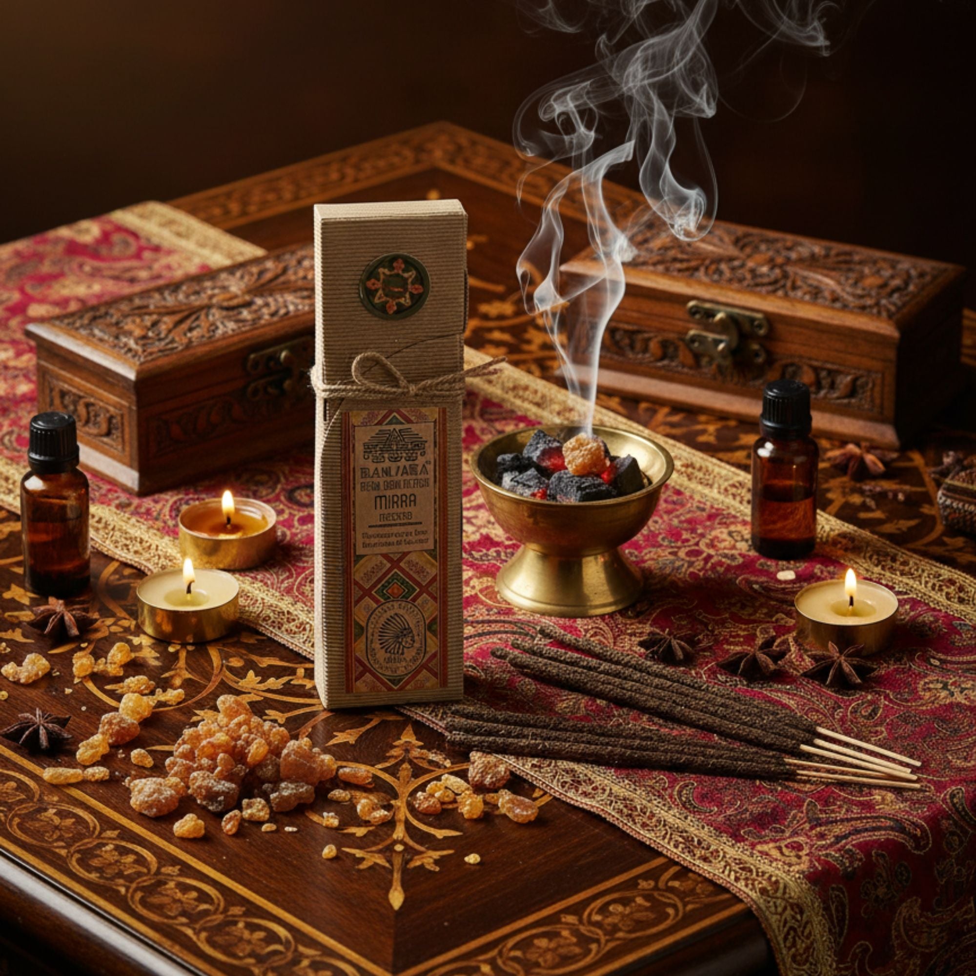 Encens résine Myrrh Banjara en bâtons avec fumée s'élevant d'un brûleur, disposé dans une ambiance rituelle avec bougies et résines naturelles