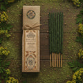 Encens résine sur bâton Arruda Banjara avec boîte écologique, bâtons d’encens verts et plantes naturelles disposées sur fond terreux