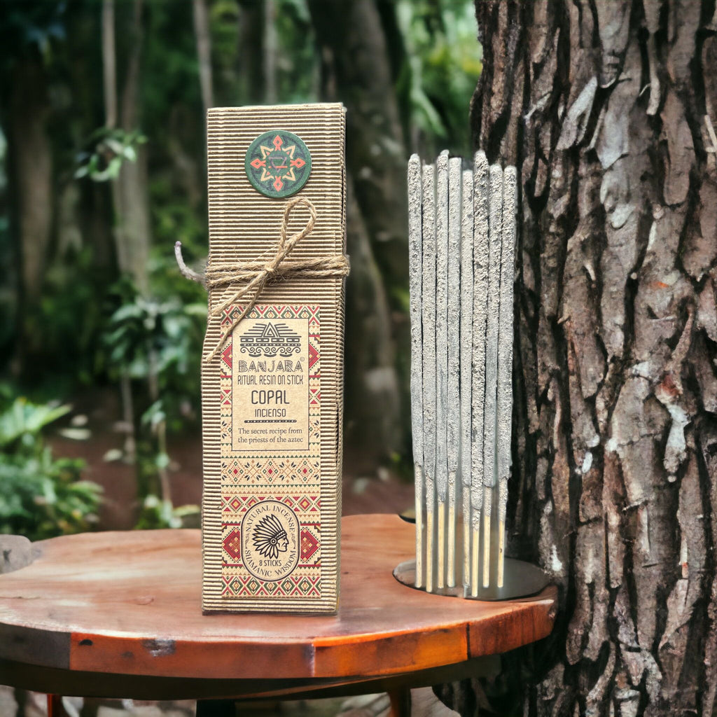 Encens résine sur bâton Copal Banjara avec boîte écologique, bâtons d’encens verts et plantes naturelles disposées sur fond terreux