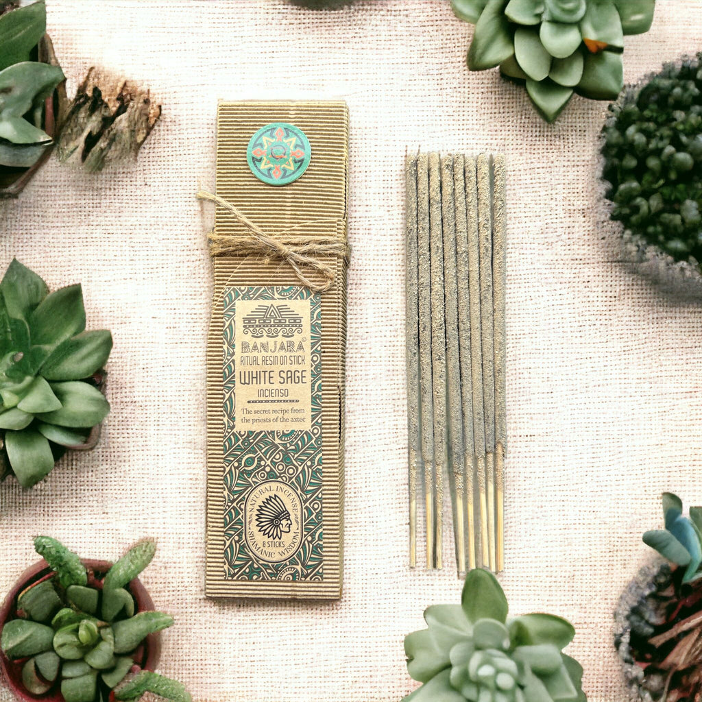 Encens résine sur bâton Sauge blanche Banjara avec boîte écologique, bâtons d’encens verts et plantes naturelles disposées sur fond terreux