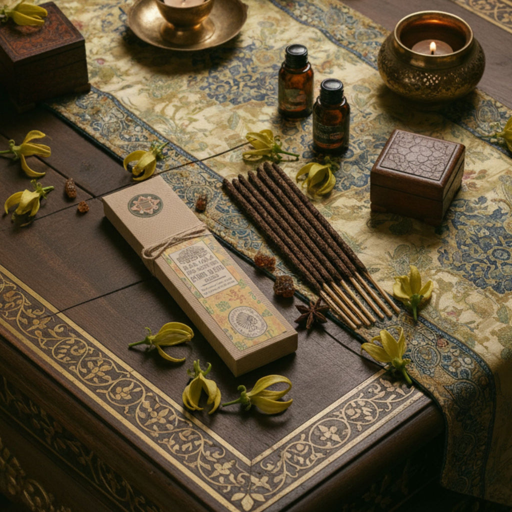 Encens résine Ylang ylang Banjara en bâton disposé dans une ambiance rituelle avec bougie et fleurs naturelle sur table en bois décoré
