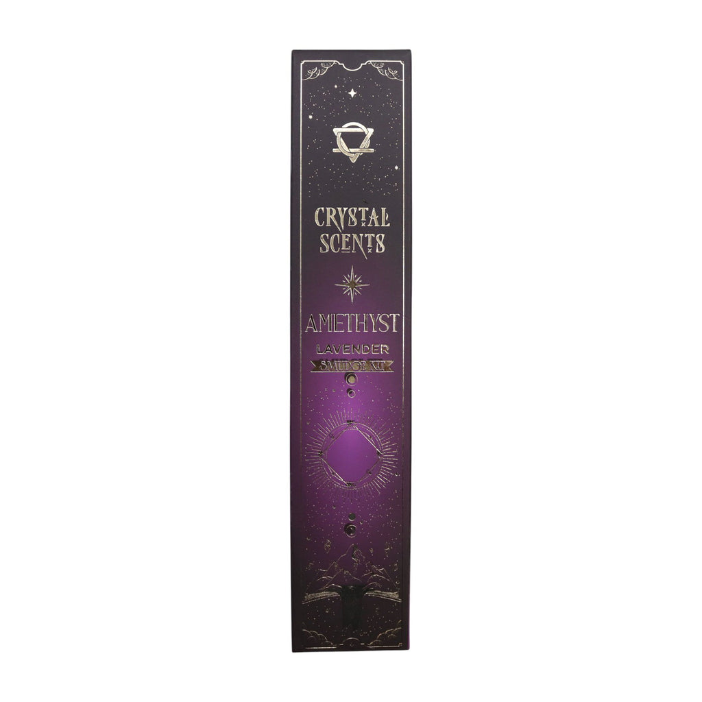 Boîte d’encens smudge cristal amethyste et lavande avec design céleste noir et motifs spirituels dorés
