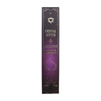 Boîte d’encens smudge cristal amethyste et lavande avec design céleste noir et motifs spirituels dorés
