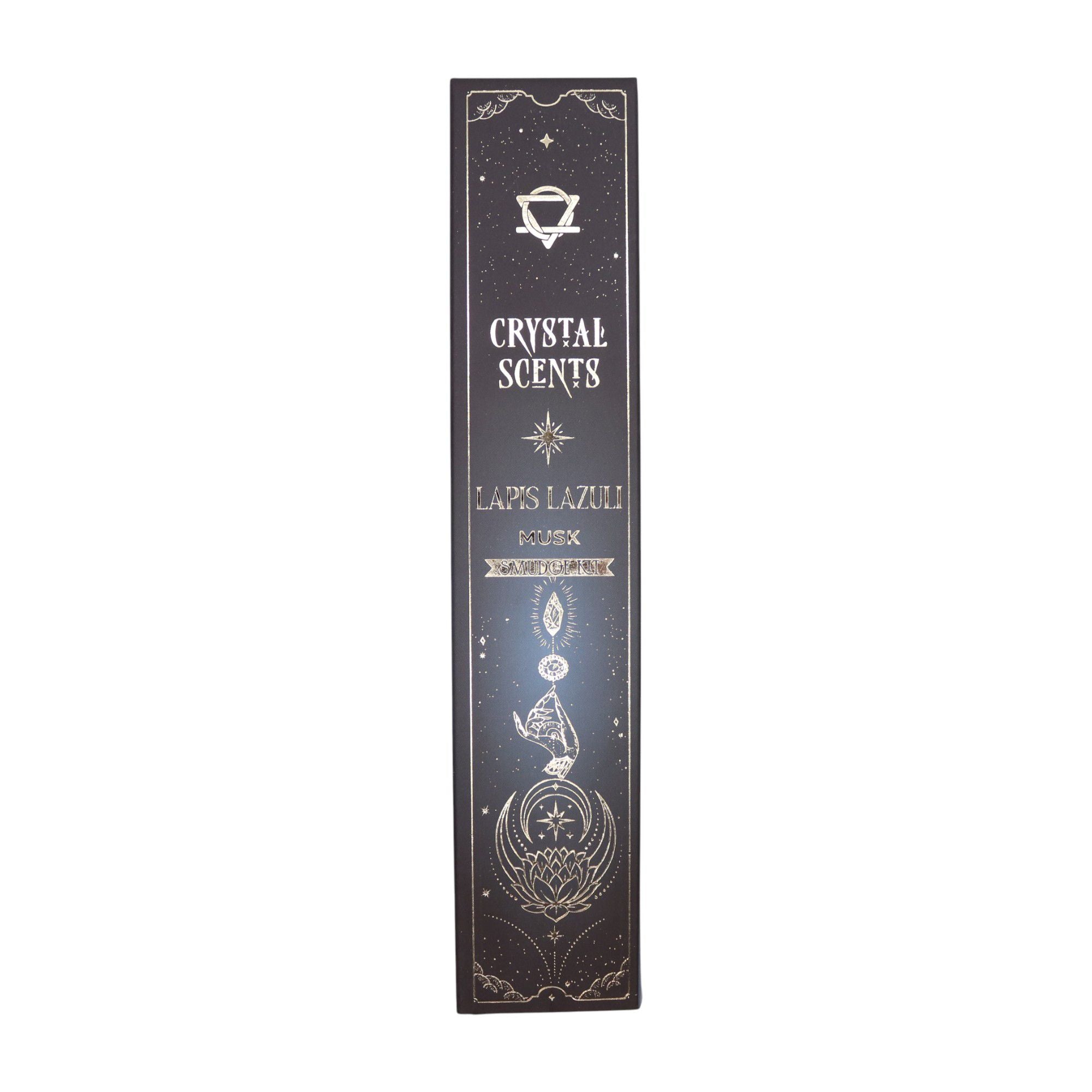 Boîte d’encens smudge cristal lapis lazuli et musc avec design céleste noir bleu et motifs spirituels dorés
