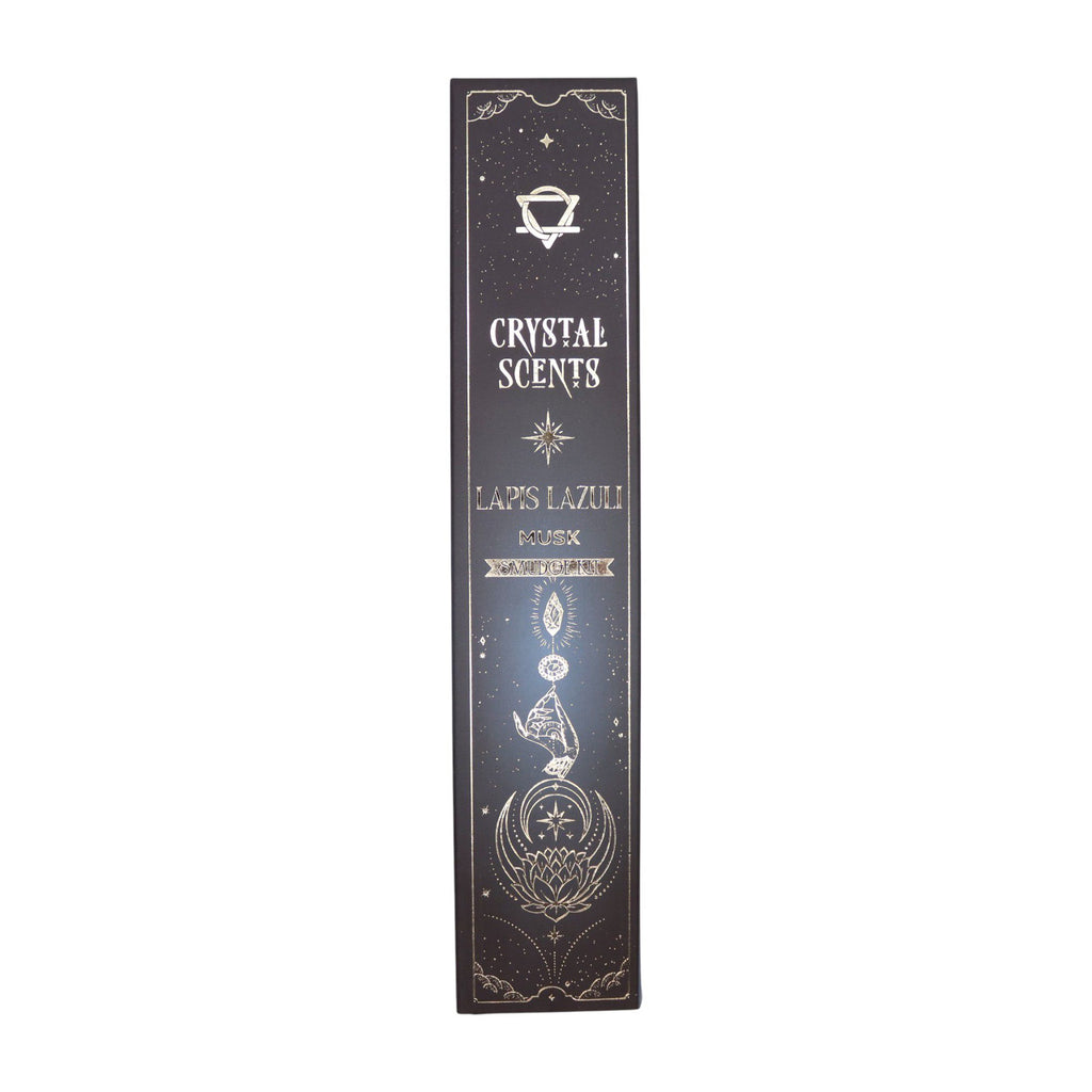 Boîte d’encens smudge cristal lapis lazuli et musc avec design céleste noir bleu et motifs spirituels dorés