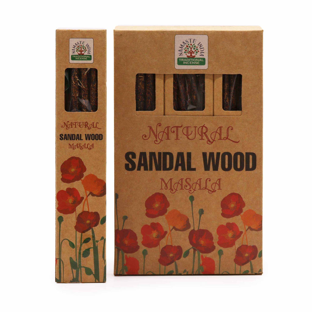 Boîte d’encens Botanical Masala bois de santal avec étui et design floral sur fond blanc