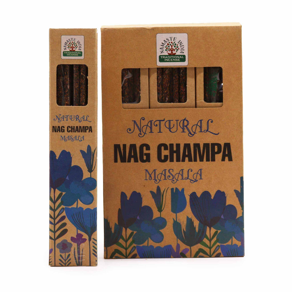 Boîte d’encens Botanical Masala nag champa avec étui et design floral sur fond blanc