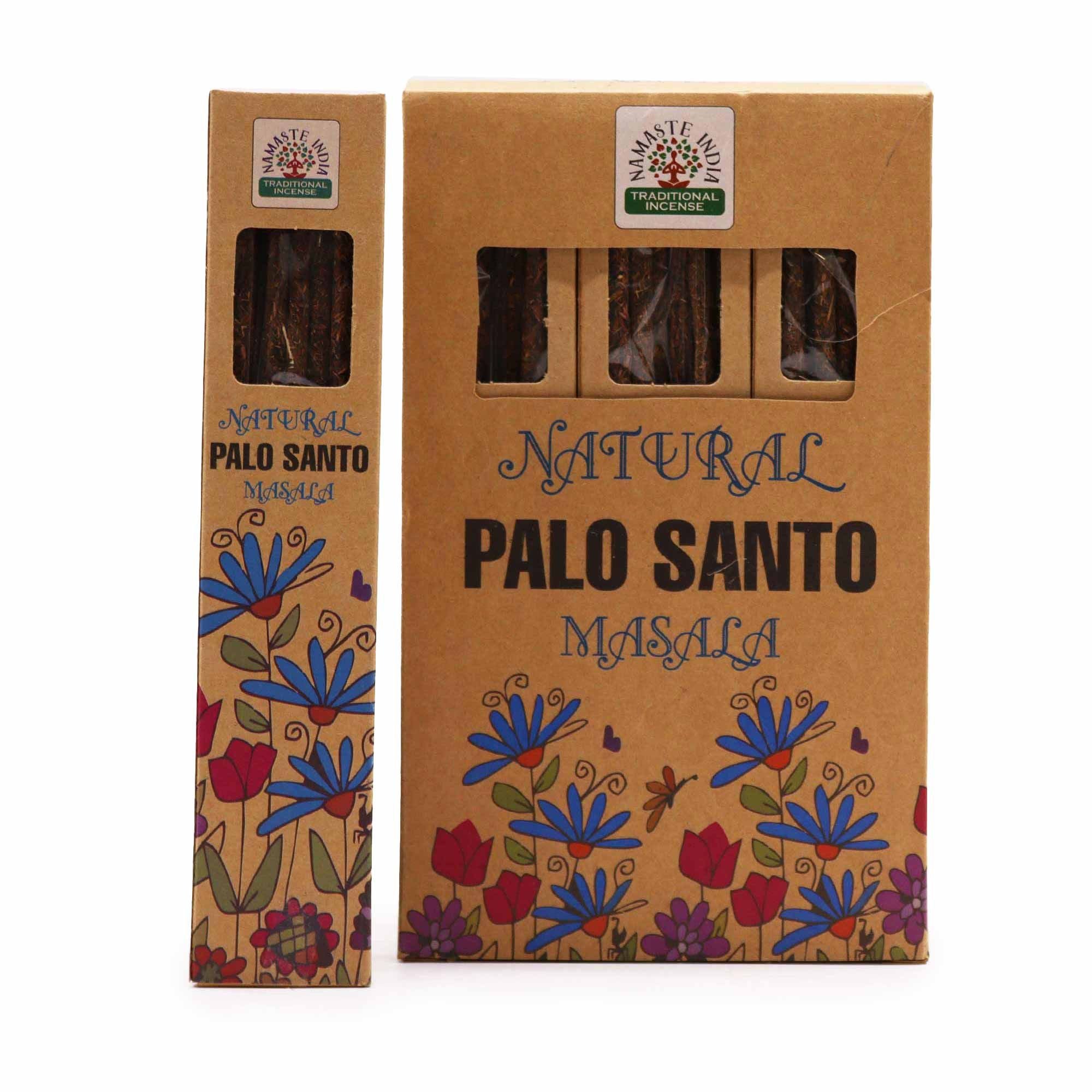 Boîte d’encens Botanical Masala palo santo avec étui et design floral sur fond blanc
