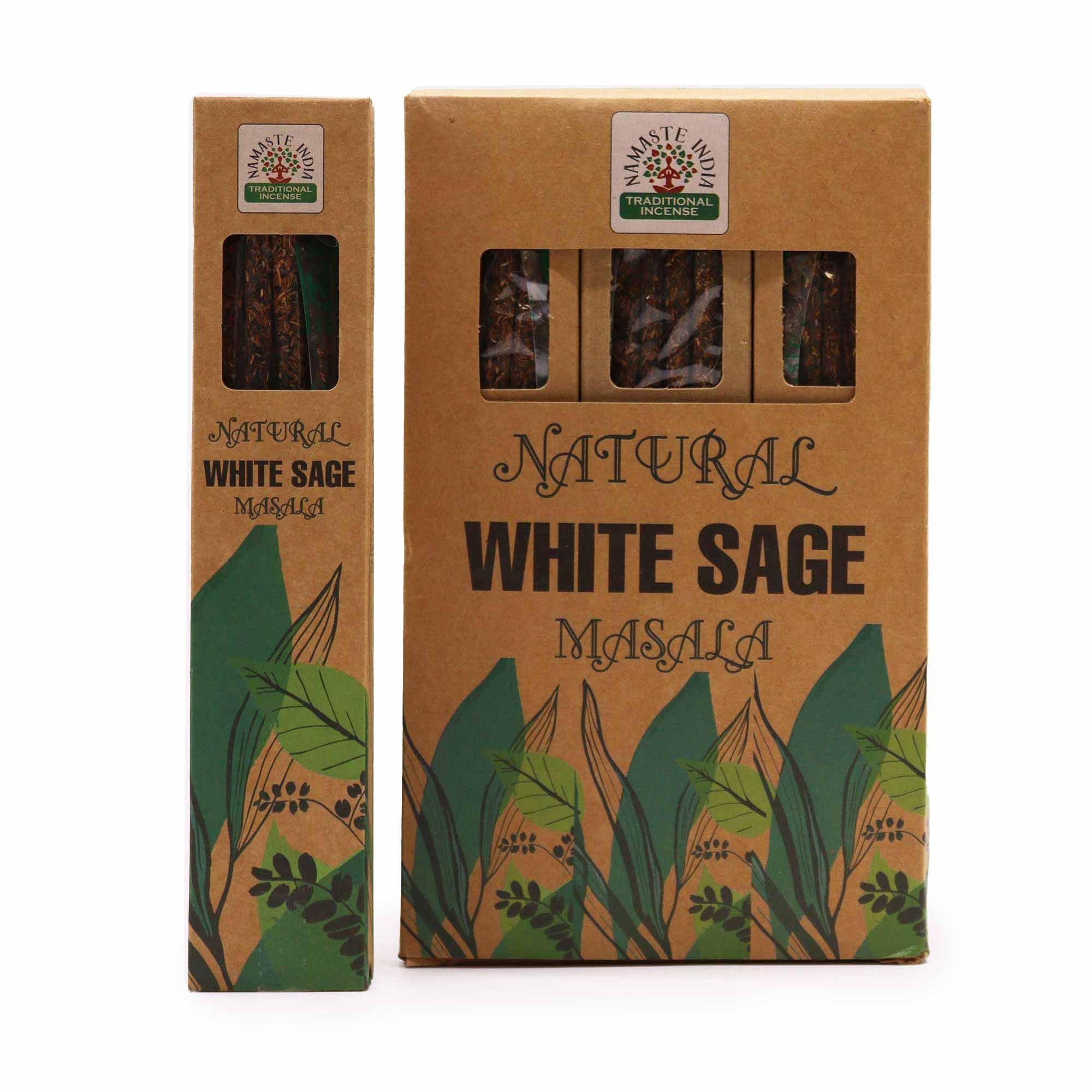 Boîte d’encens Botanical Masala sauge blanche avec étui et design floral sur fond blanc