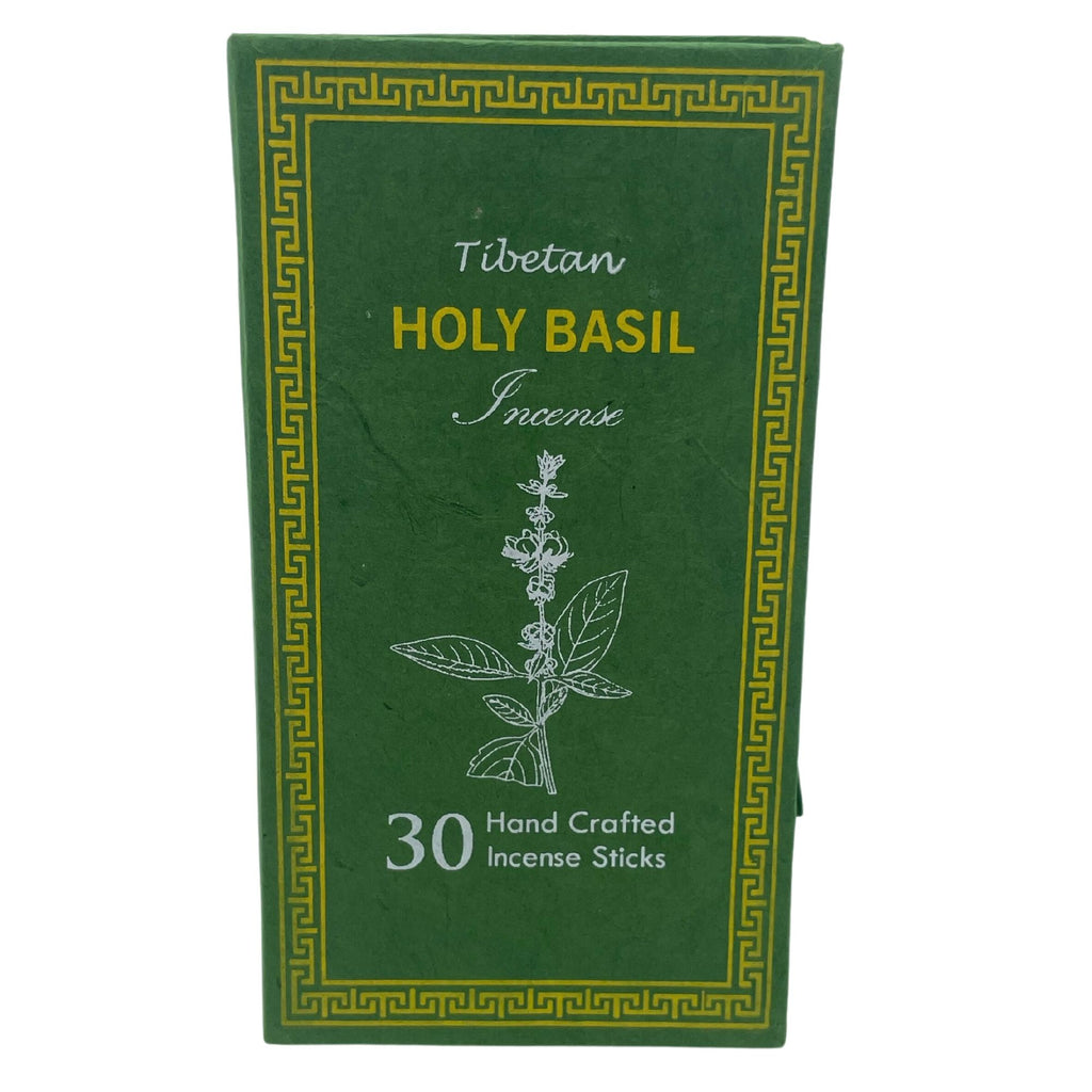 Boîte d’encens tibétain basilic sacré contenant 30 bâtons faits à la main sur fond blanc