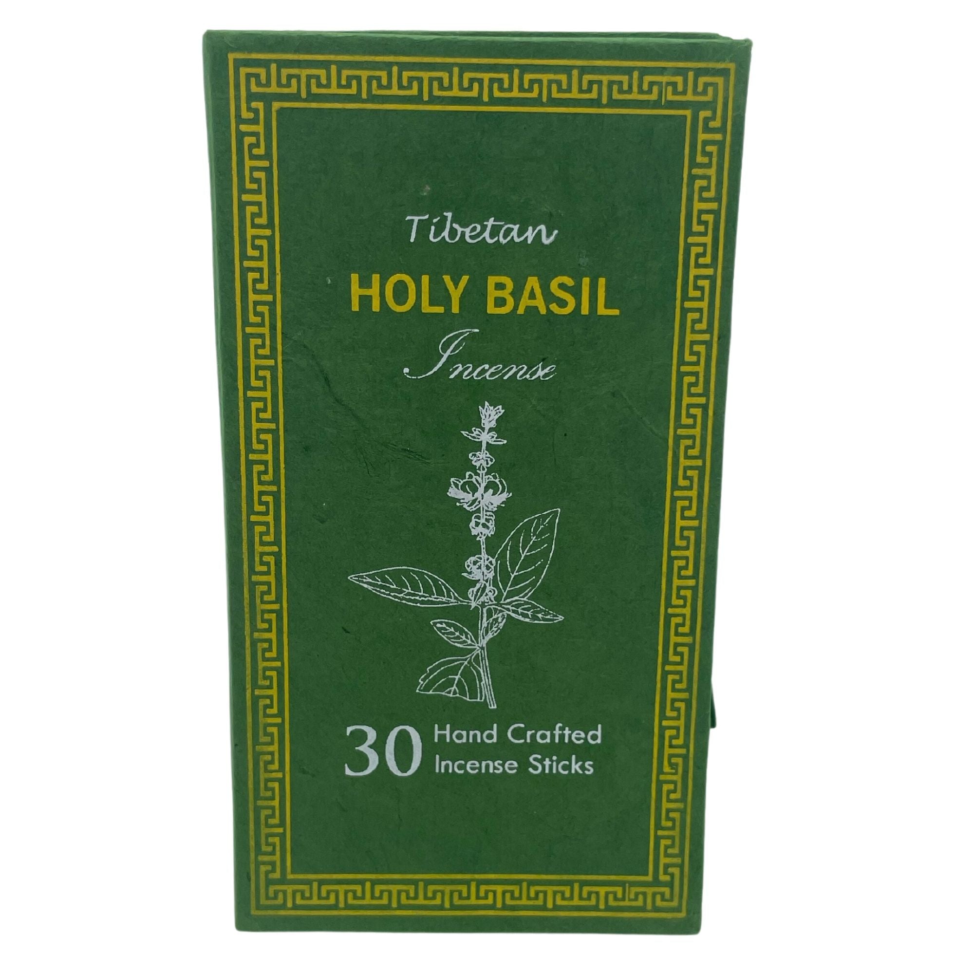 Boîte d’encens tibétain basilic sacré contenant 30 bâtons faits à la main sur fond blanc