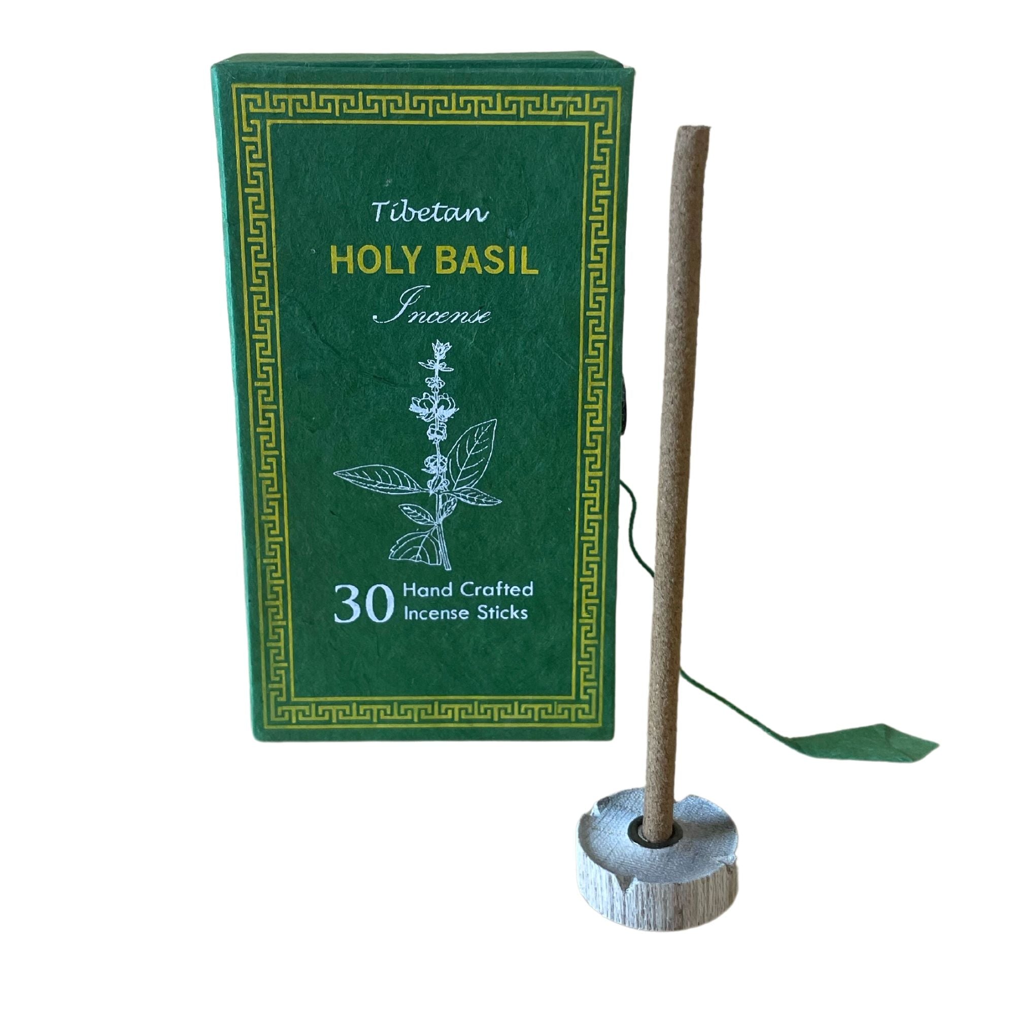 Coffret d’encens tibétain basilic sacré avec 30 bâtons artisanaux et porte-encens en bois sur fond blanc