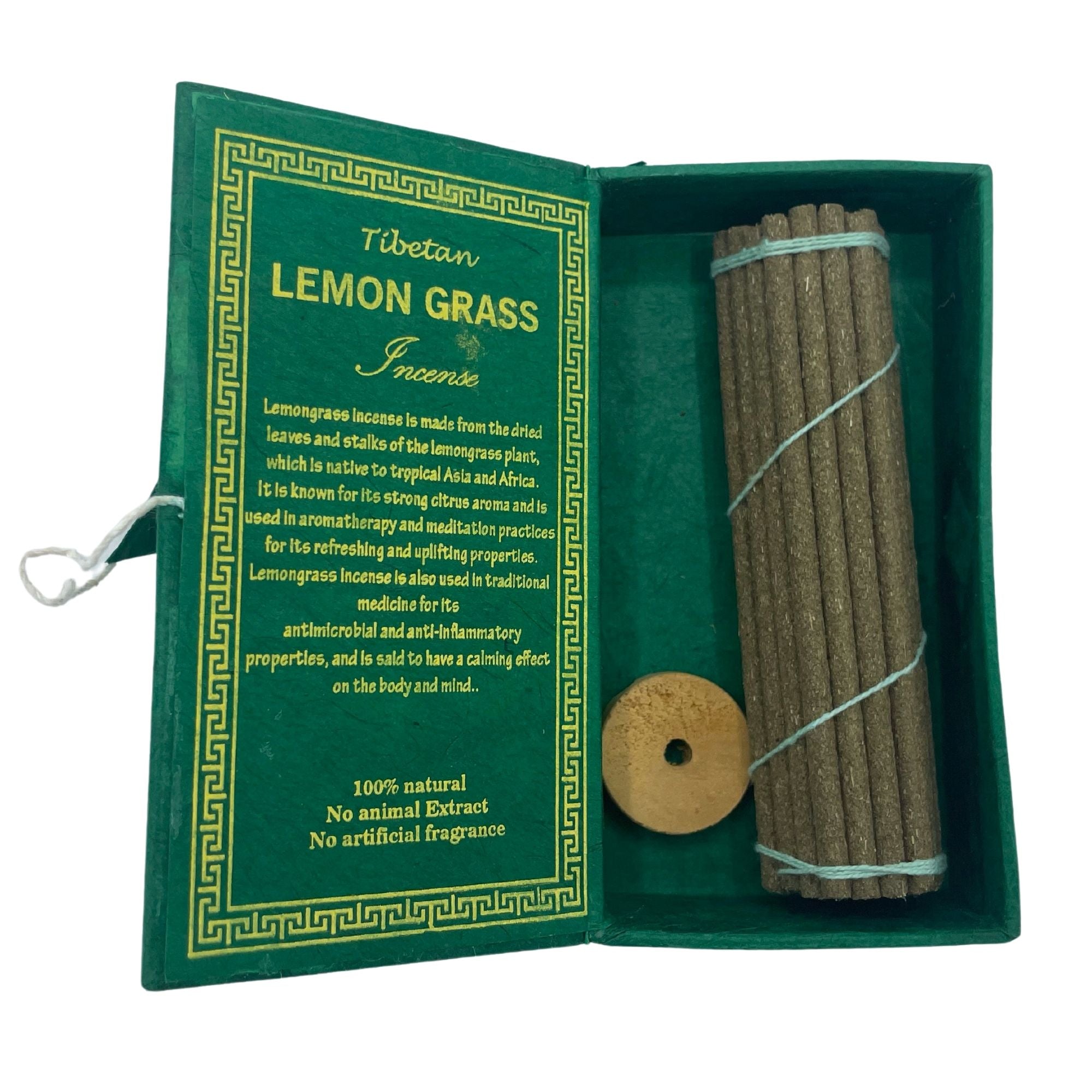 Boîte ouverte d’encens tibétain Lemongrass montrant les bâtons naturels et le porte-encens en bois inclus