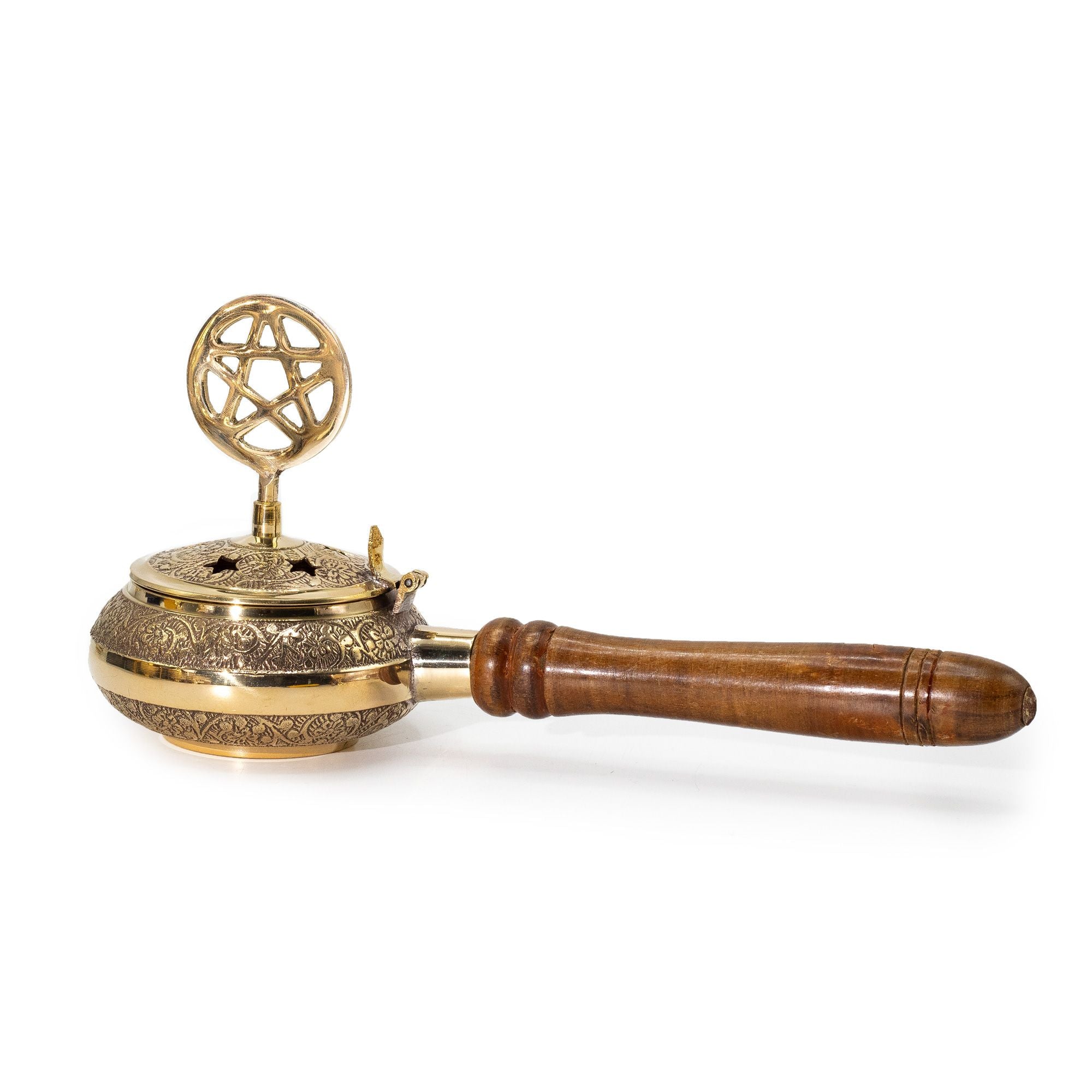 Encensoir en laiton avec manche en bois et symbole pentagramme pour rituels spirituels