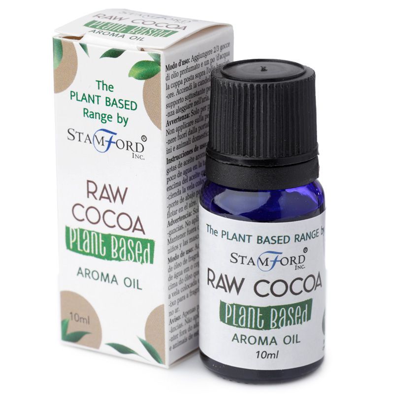 Flacon huile aromatique cacao brut avec son étui au design naturel, idéal pour diffusion et ambiance bien-être
