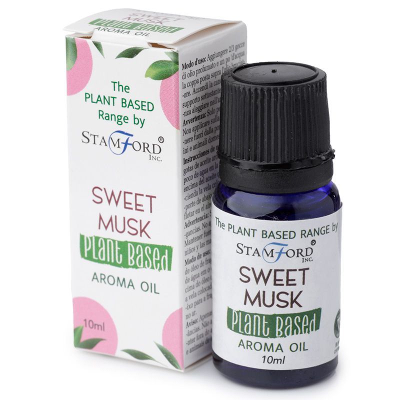 Flacon huile aromatique musc doux avec son étui au design naturel, idéal pour diffusion et ambiance bien-être
