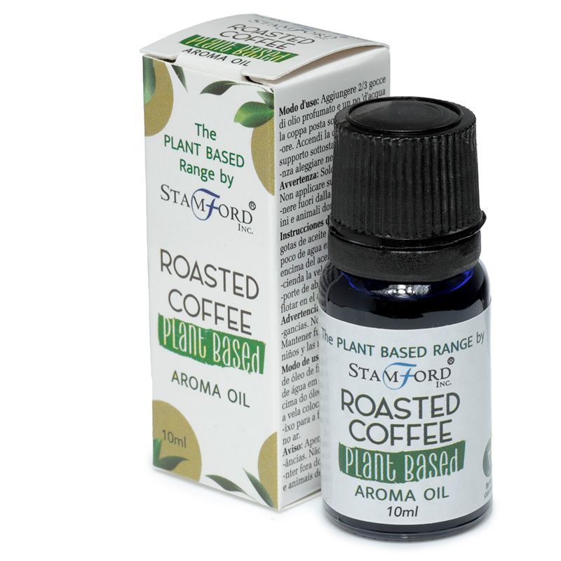 Flacon huile aromatique roasted coffee avec son étui au design naturel, idéal pour diffusion et ambiance bien-être