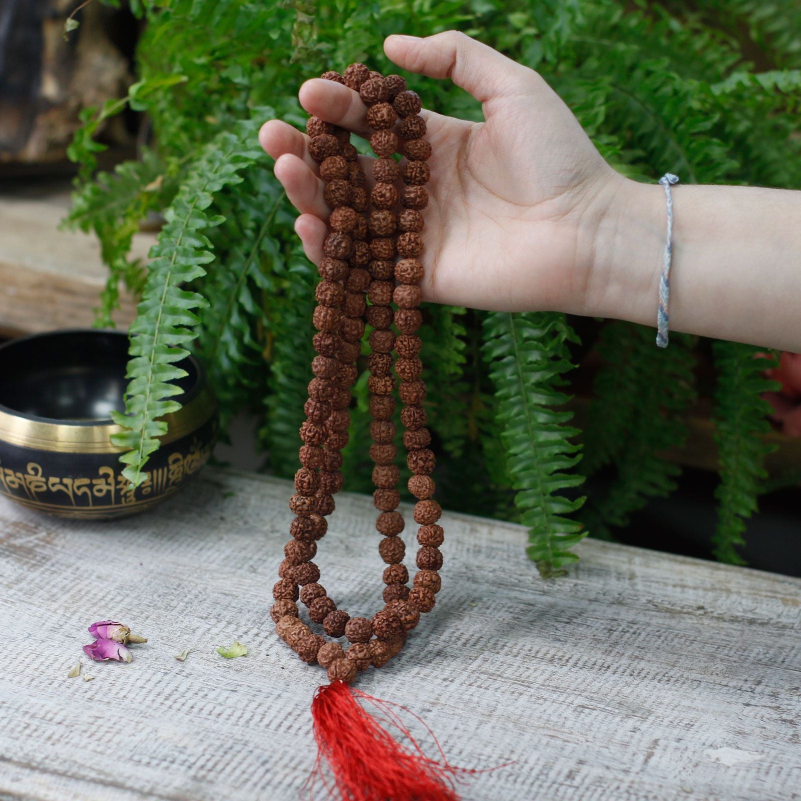 Mala en perles de rudraksha marron tenu dans main avec plante verte et bol tibétaine en arrière plan, ambiance naturelle