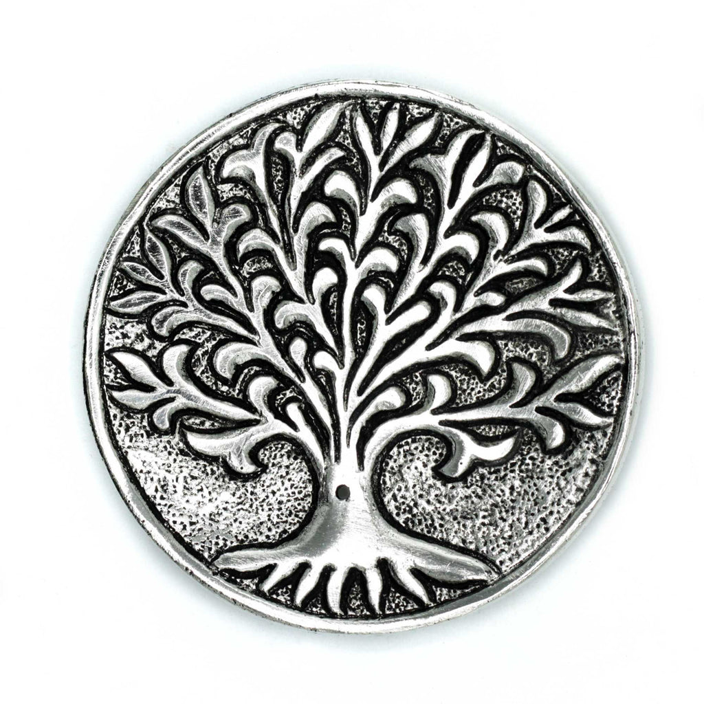 Porte-encens Arbre de Vie rond 10 cm en métal, vue détaillée, idéal pour méditation, rituel énergétique et décoration spirituelle zen.
