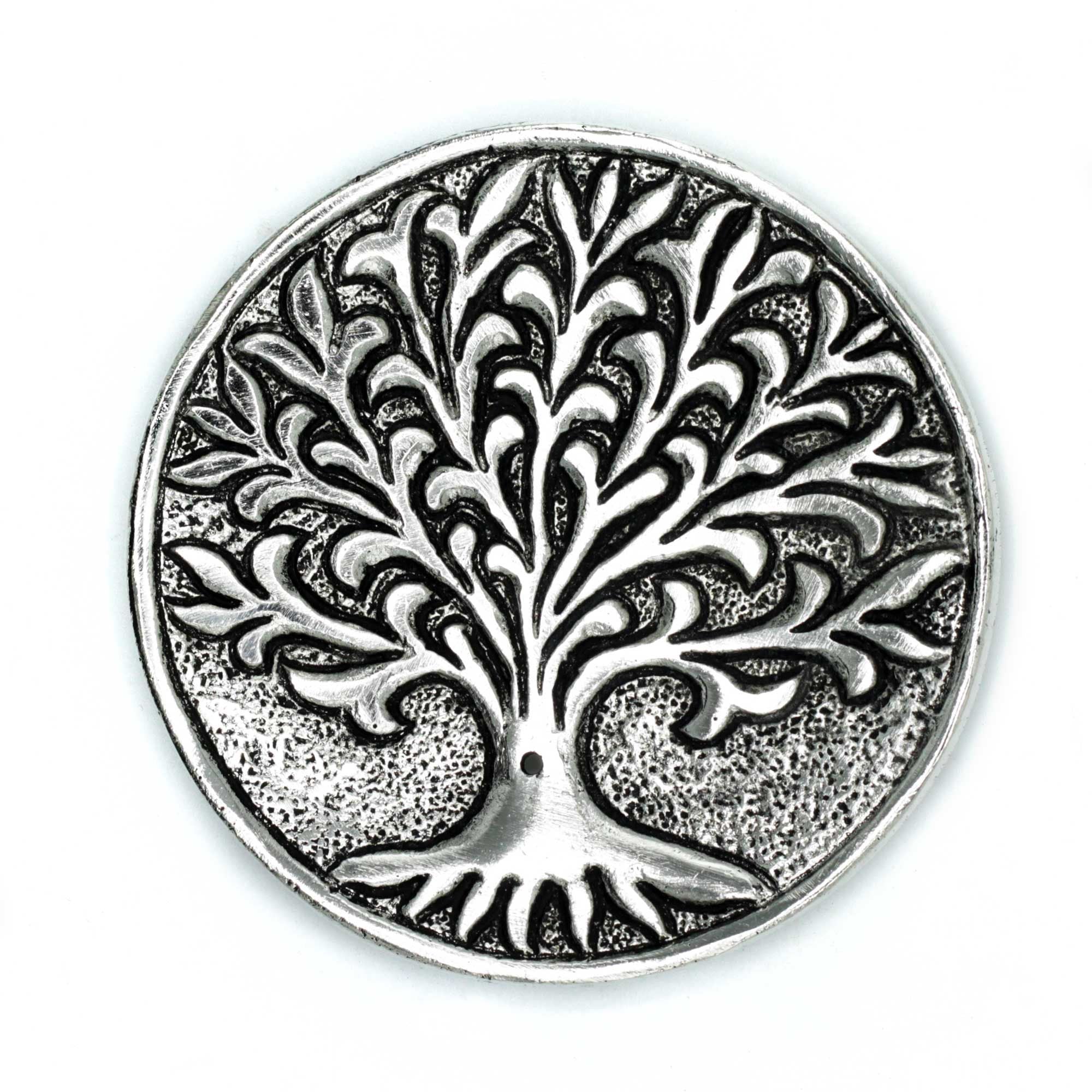 Porte-encens Arbre de Vie rond 10 cm en métal, vue détaillée, idéal pour méditation, rituel énergétique et décoration spirituelle zen.