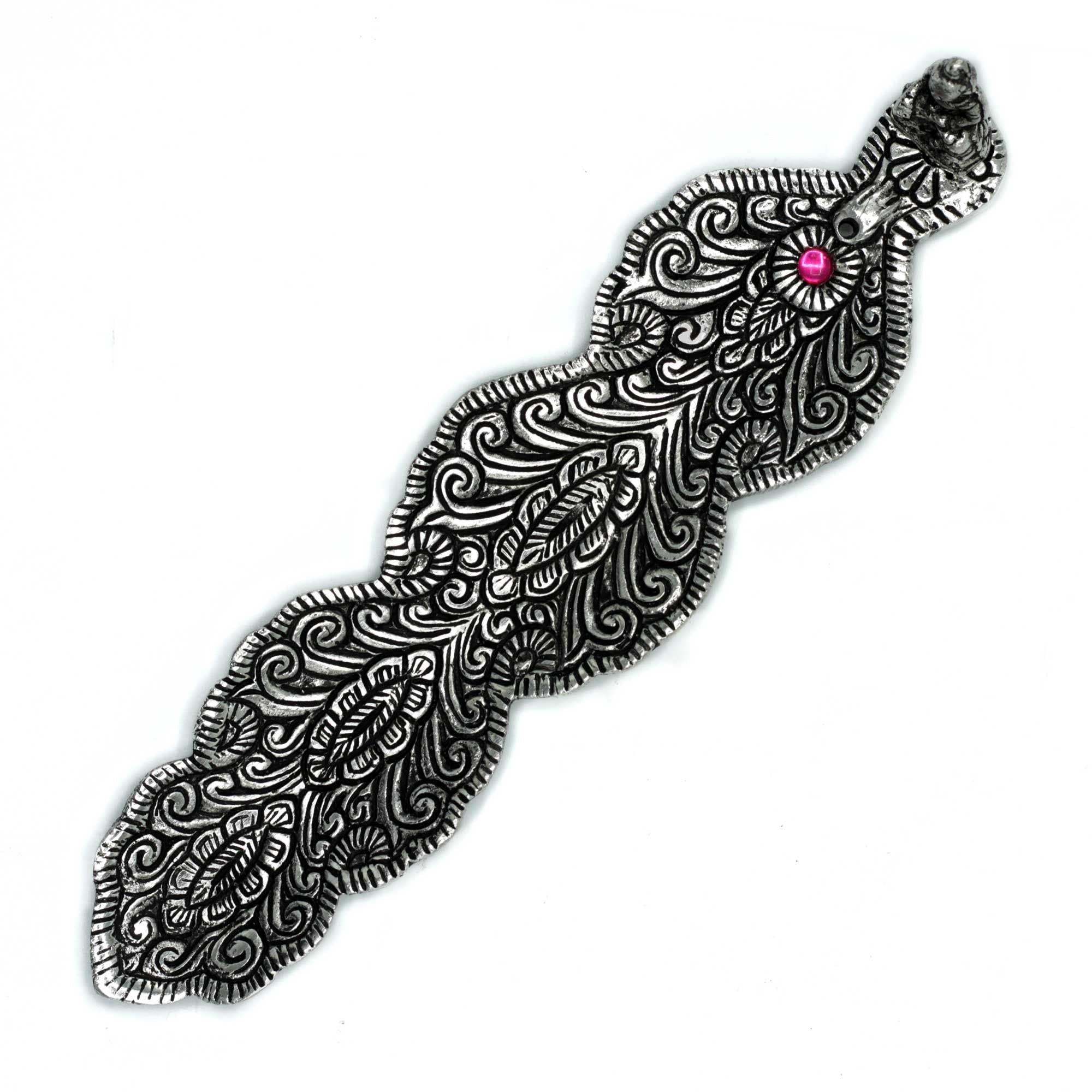 Porte-encens Bouddha long 20 cm en métal, vue de dessus avec motifs gravés, idéal pour rituel de méditation et décoration zen.