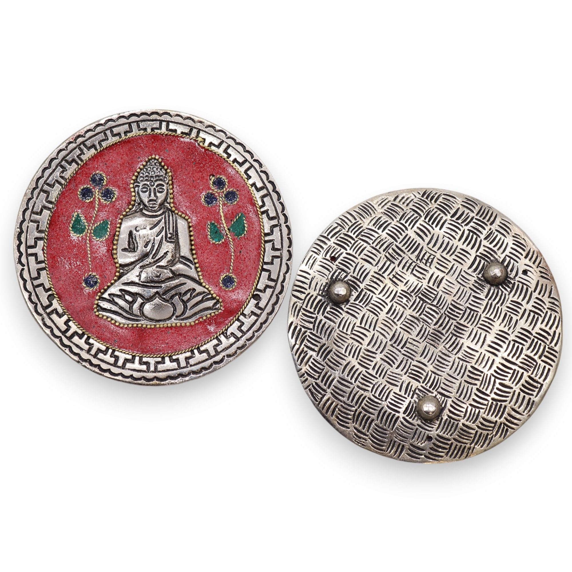 Porte-encens Bouddha rouge en aluminium avec vue arrière montrant la finition artisanale