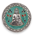 Porte-encens rond Bouddha vert en aluminium artisanal de 10 cm vu de face pour méditation