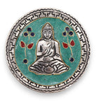 Porte-encens rond Bouddha vert en aluminium artisanal de 10 cm vu de face pour méditation