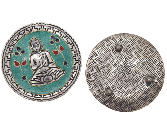 Porte-encens Bouddha vert en aluminium avec vue arrière montrant la finition artisanale