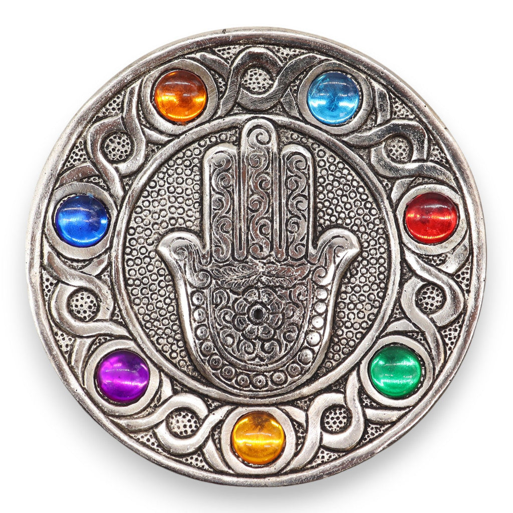 Porte-encens Hamsa 7 Chakras, symbole de protection et d’harmonisation pour rituel méditation. Pierre 7 chakras et mains d'Hamsa. 