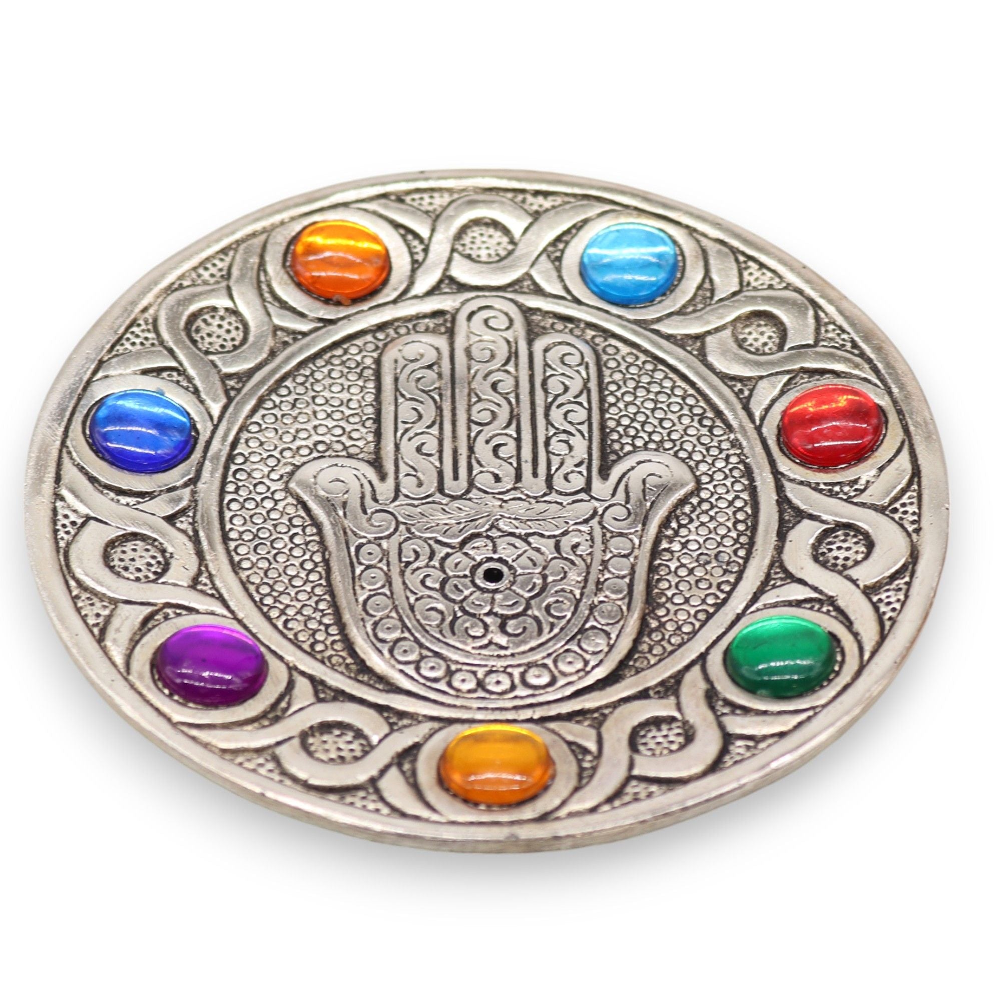 Porte-encens Hamsa orné des 7 chakras, objet de décoration spirituelle favorisant équilibre et bien-être intérieur.