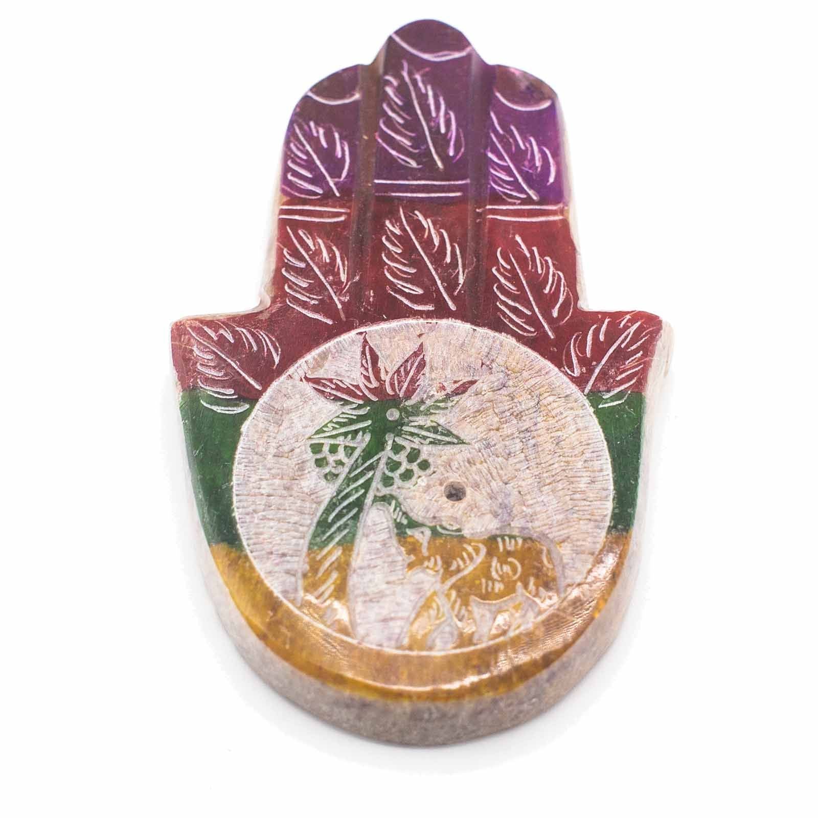 Porte-Encens Hamsa en pierre soapstone 9x6 cm avec motif éléphant et palmier, symbole de protection pour rituel spirituel.