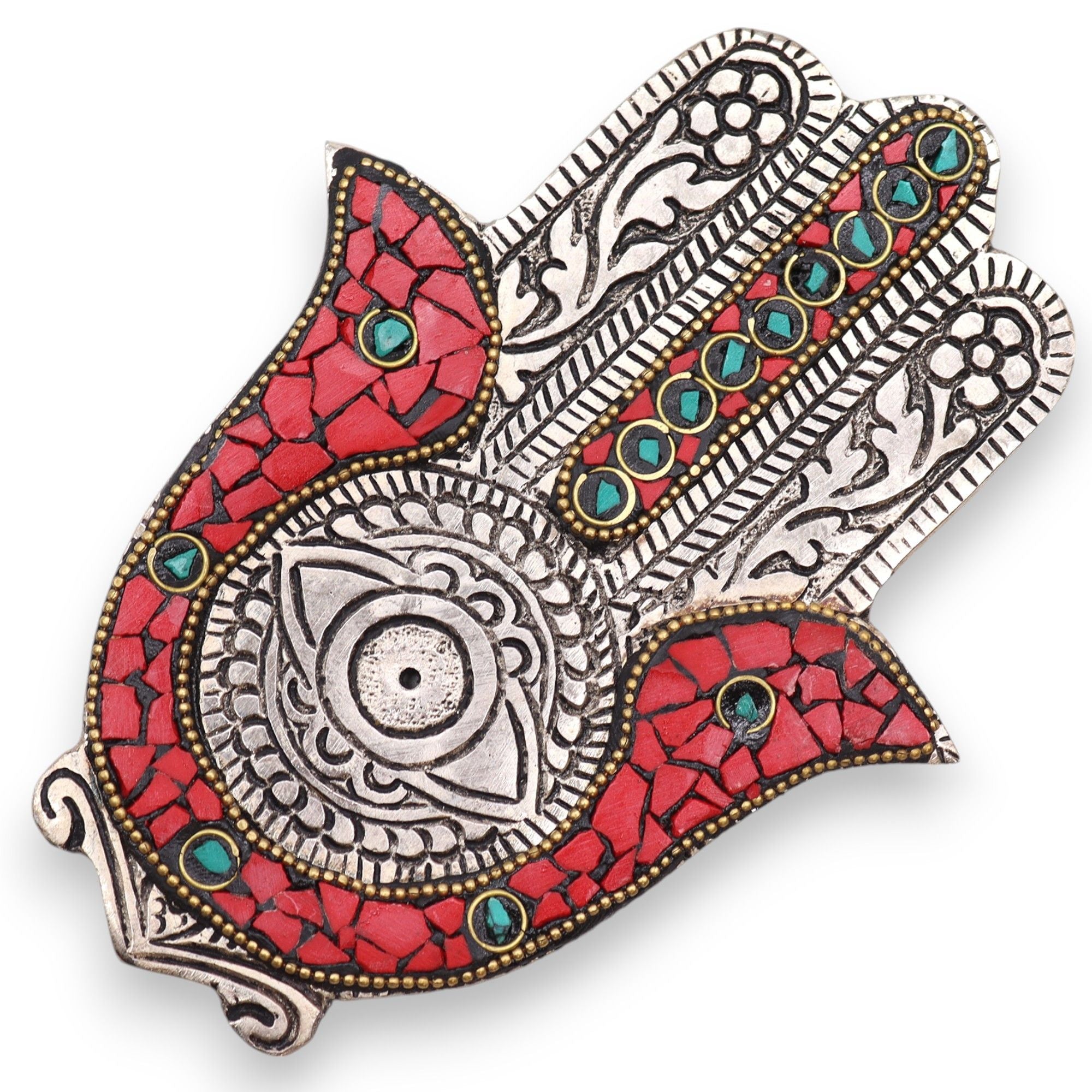Porte-encens Hamsa rouge et vert en aluminium artisanal, symbole de protection, idéal pour rituel méditation et décoration spirituelle