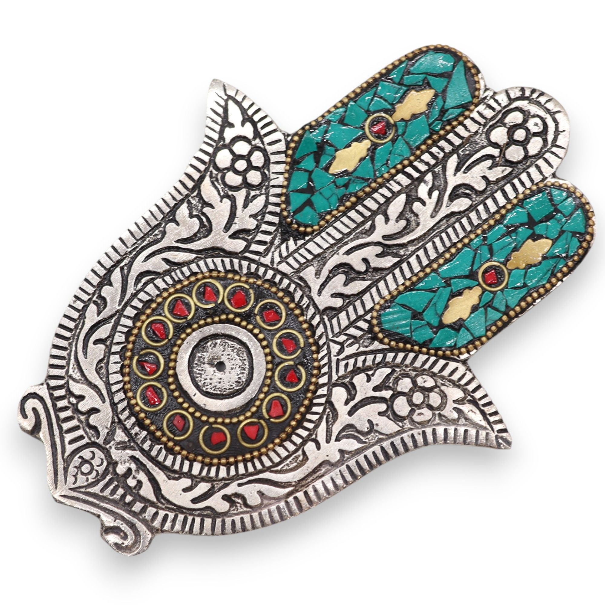 Porte-encens Hamsa vert 13x5,5 cm en aluminium artisanal, symbole de protection et décoration spirituelle pour espace méditation.