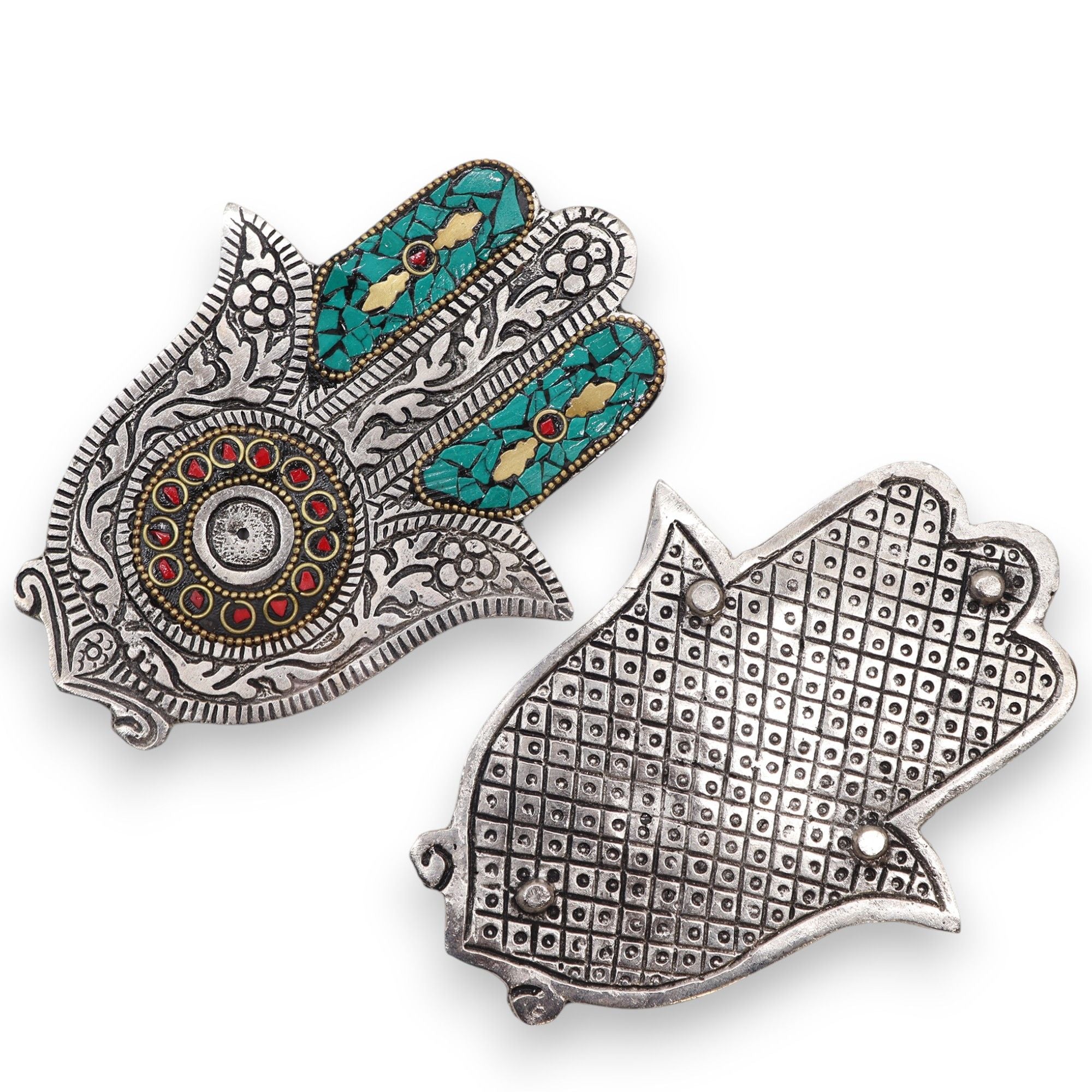 Porte-encens Hamsa vert recto verso en aluminium artisanal, base stable adaptée aux encens fins pour rituel spirituel et purification.